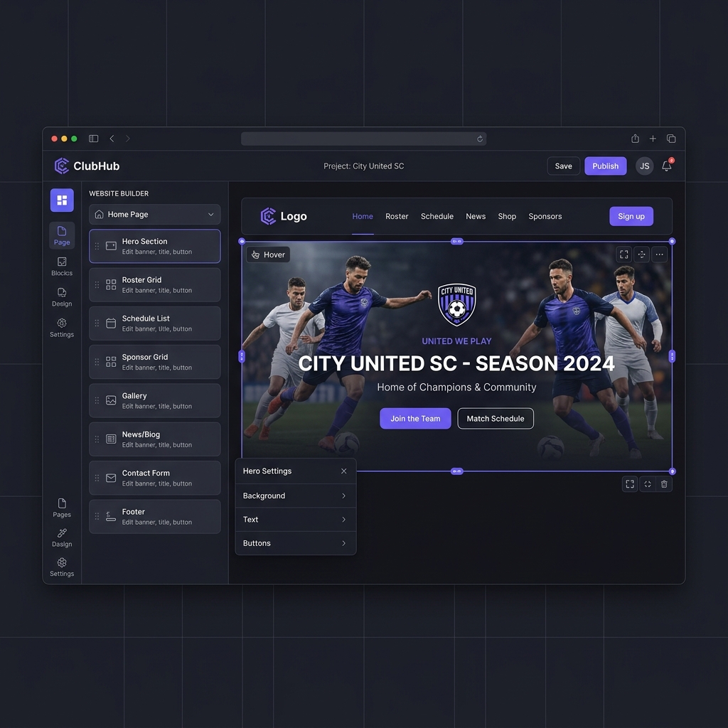 Club Creator Drag and Drop Builder UI Preview